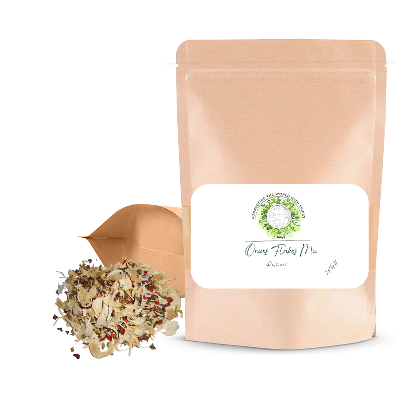 Onion Flakes Mix Rustical- 100g | Premium quality, all-natural & vegan | Rich, spicy flavor perfect for seasoning meats,smoked fish, sauces, vegetables, stews, marinades, etc. Whether you're preparing Caribbean, Middle Eastern, or European cuisine, our Onion Flakes Mix Rustical brings freshness and provides a pleasant savory taste to your recipes. Elevate your cooking with this premium spice!|