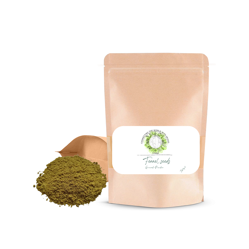 A package of Fennel Powder with the product name and a small amount of fennel powder displayed in front of the package.