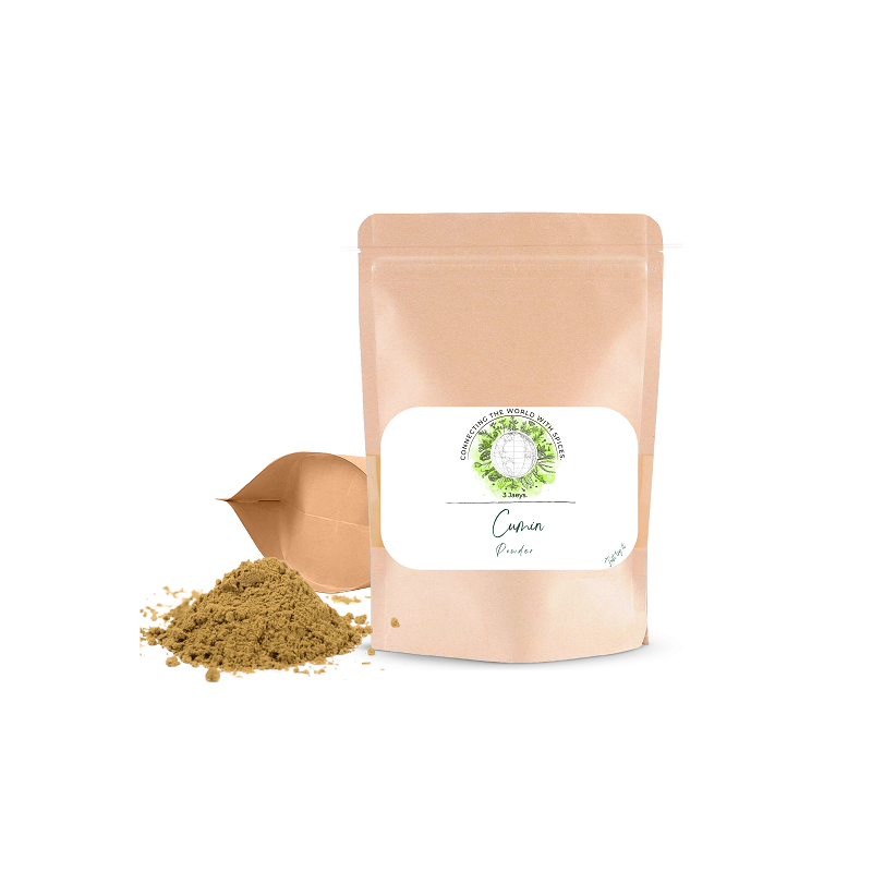 A small beige pouch labeled 'Cumin Powder' with a transparent window showing the cumin powder in front of the package.