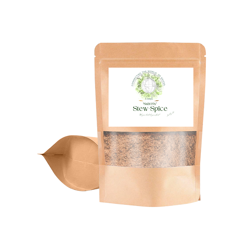 A pouch of Sabifix Stew Spice Mix with a clear window showing the product inside.