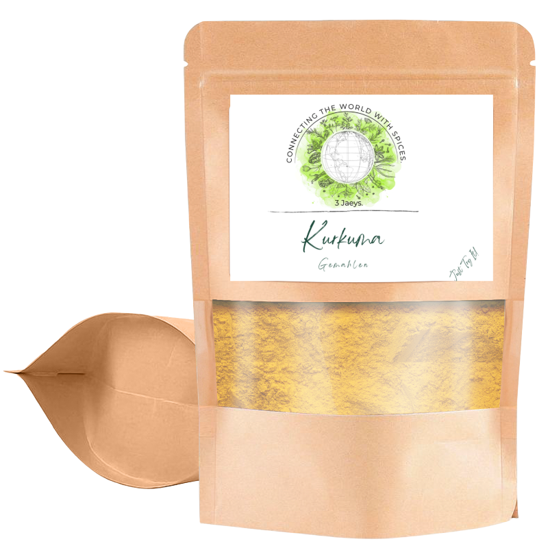 Kurkuma powder (Turmeric Powder) in a transparent brown packaging with a visible brand logo on a white background, 100 g/ bag