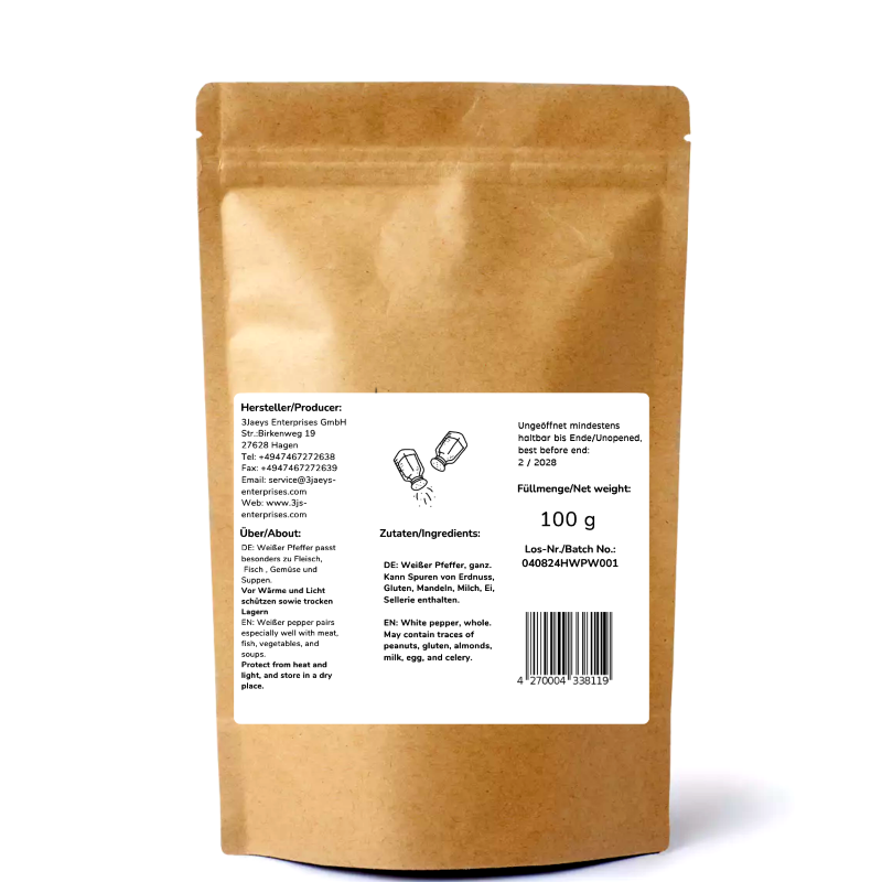 Premium Pepper White Whole (Minimum Order 5 Bags)